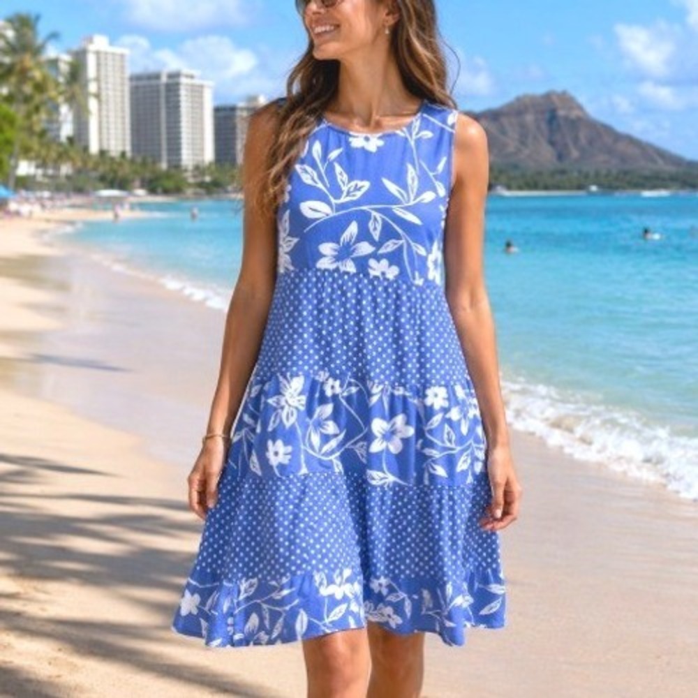La Cera Periwinkle Blue White Hawaiian Tropical Floral Pattern Lagenlook Dress M